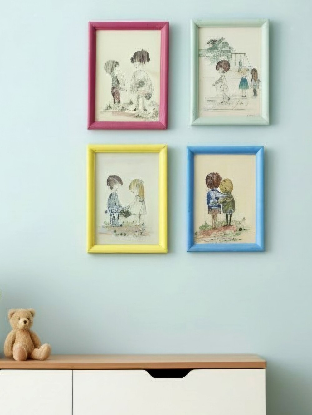 Vintage 70s Carolyn Steers Moppet Children Art Set of 4 Framed Mid Century Retro